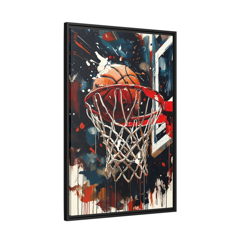 Black framed basketball hoop wall art with orange ball, white net, bold paint drips.