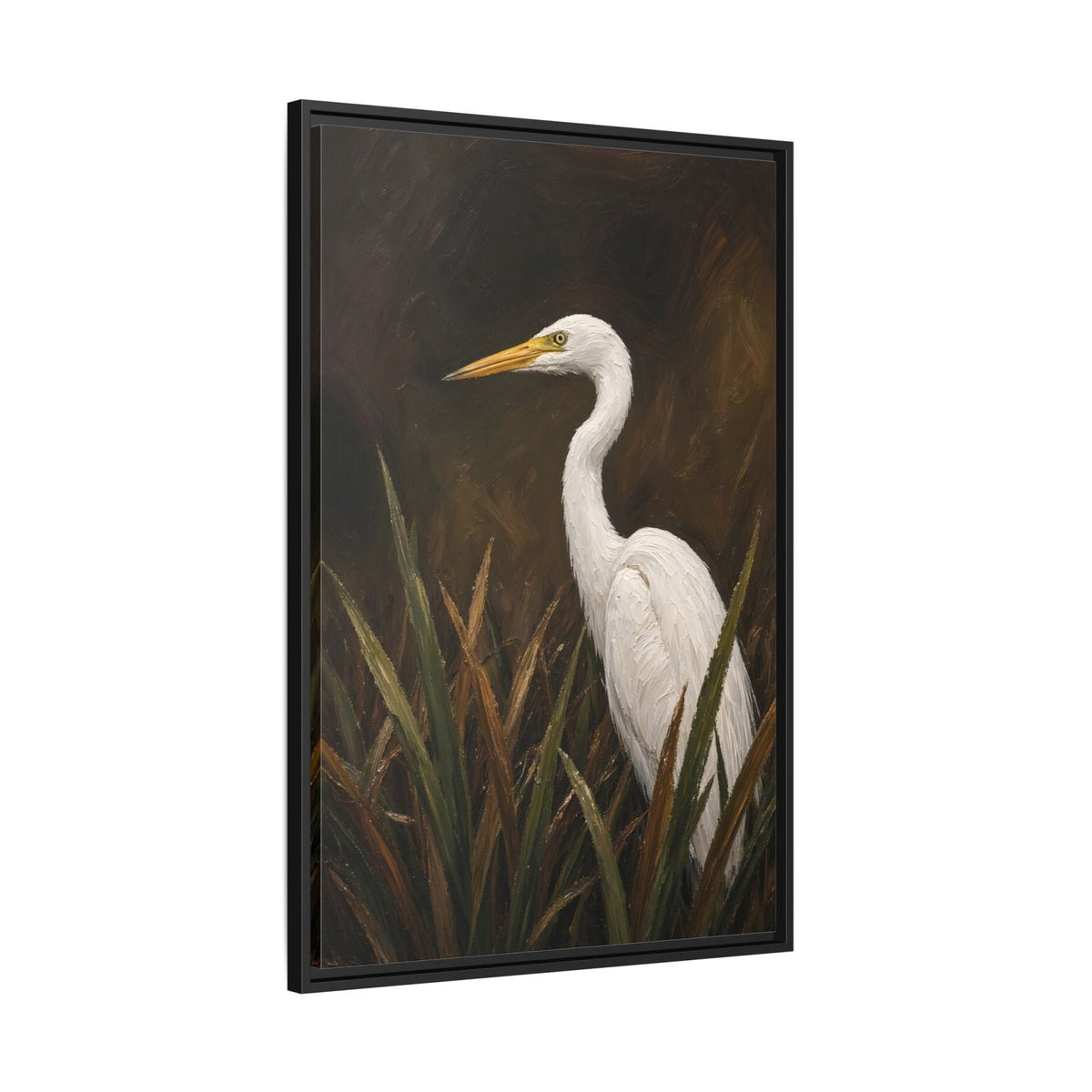 Black-framed egret canvas wall art with white egret and tall green reeds
