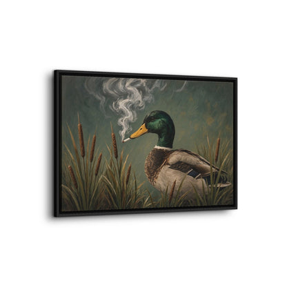 Framed canvas wall art with a duck illustration, smoke above, reeds below