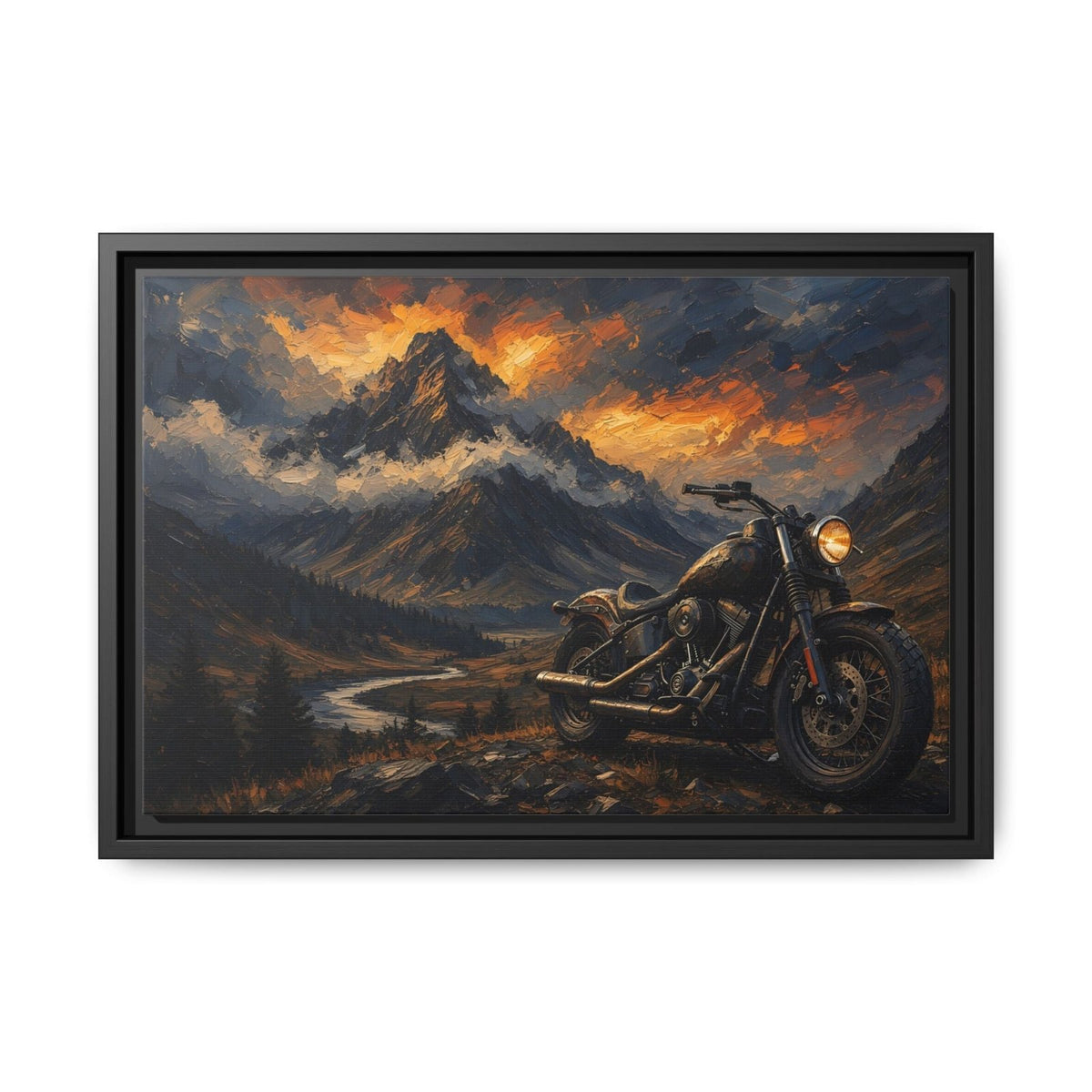 Black framed motorcycle landscape canvas art showing a parked bike in a mountain valley