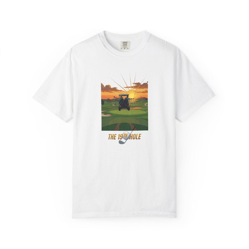 White golf T-shirt with front graphic of a golf cart at sunset and “THE 19TH HOLE” text.