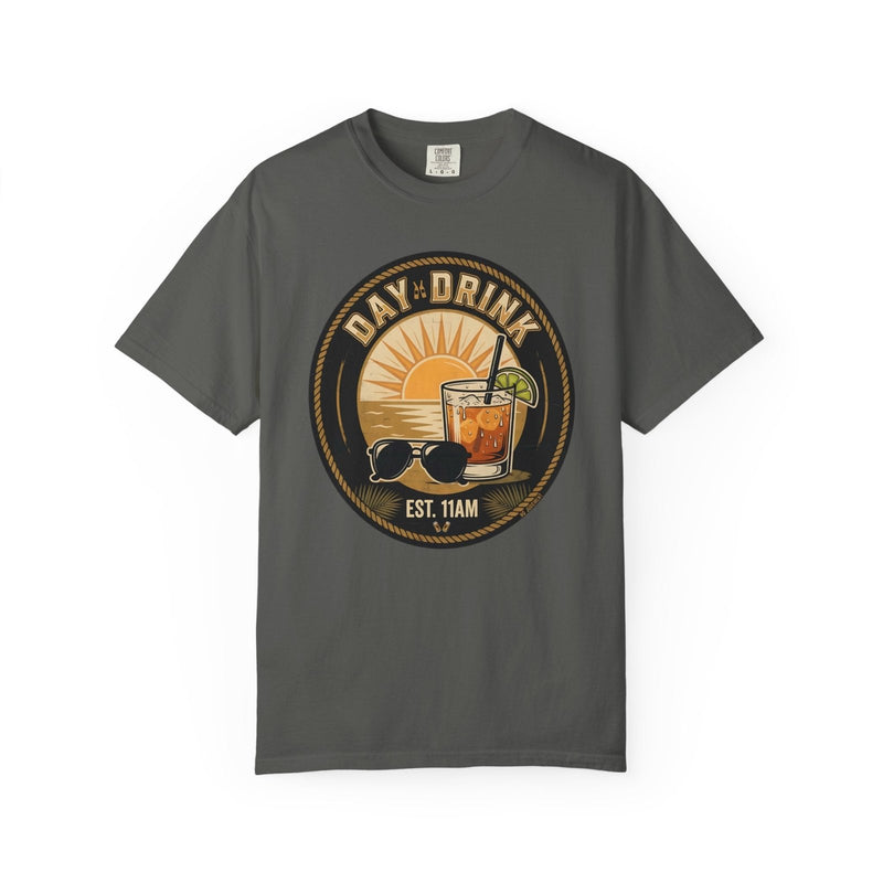 Dark gray crew-neck t-shirt with circular “DAY DRINK” graphic and “EST. 11AM”
