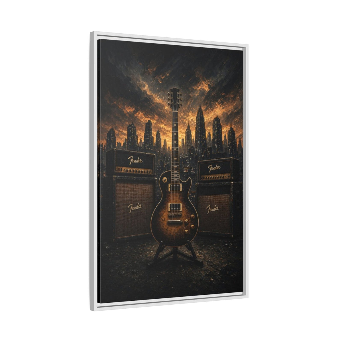 Guitar, Amps & Burning Skyline Cityscape Canvas