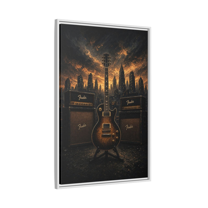 Guitar, Amps & Burning Skyline Cityscape Canvas