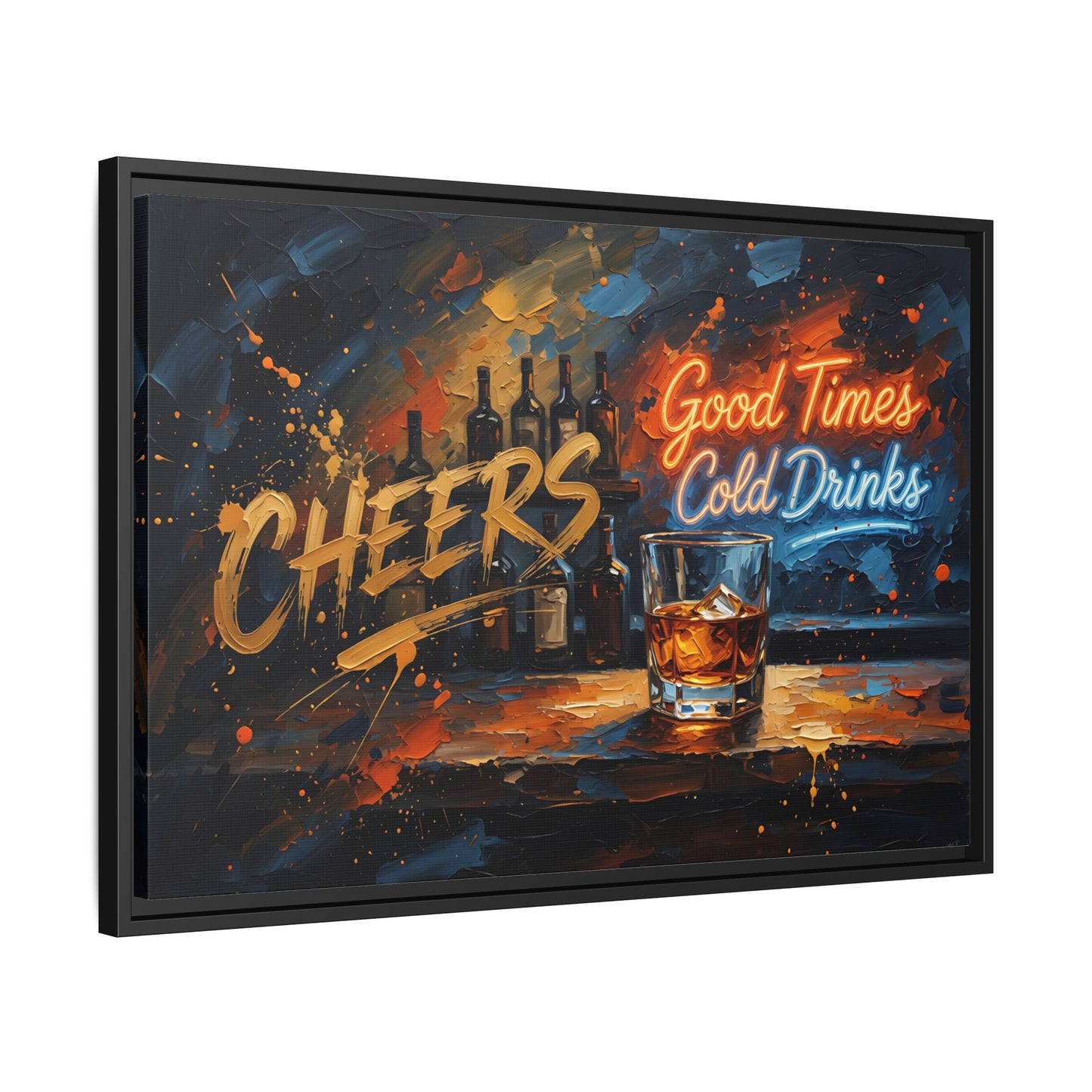 Angled black framed bar wall art canvas with whiskey glass and Cheers lettering