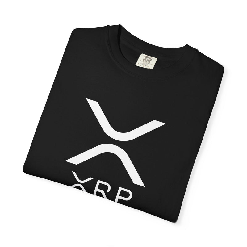 Black crewneck T-shirt with large white XRP logo print on front