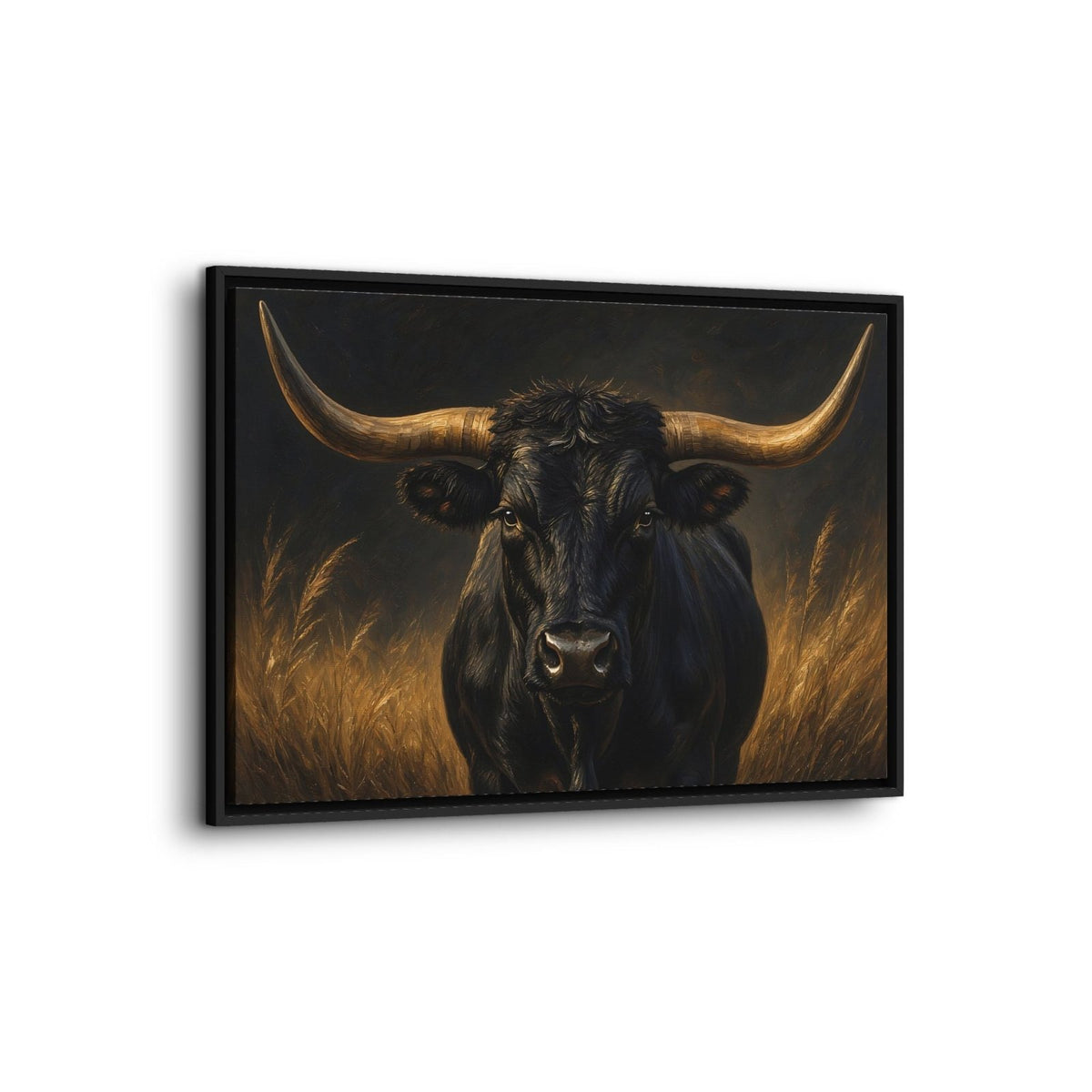 Angled view of framed canvas art depicting a black longhorn bull