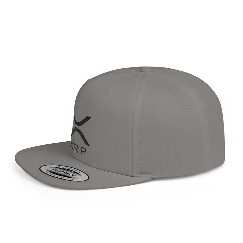 Gray flat bill snapback hat with black XRP logo on side