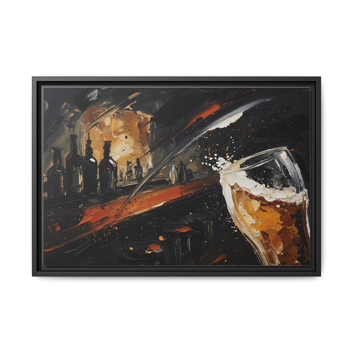 Framed matte canvas wall art with orange bar streaks, bottle silhouettes, and beer glass