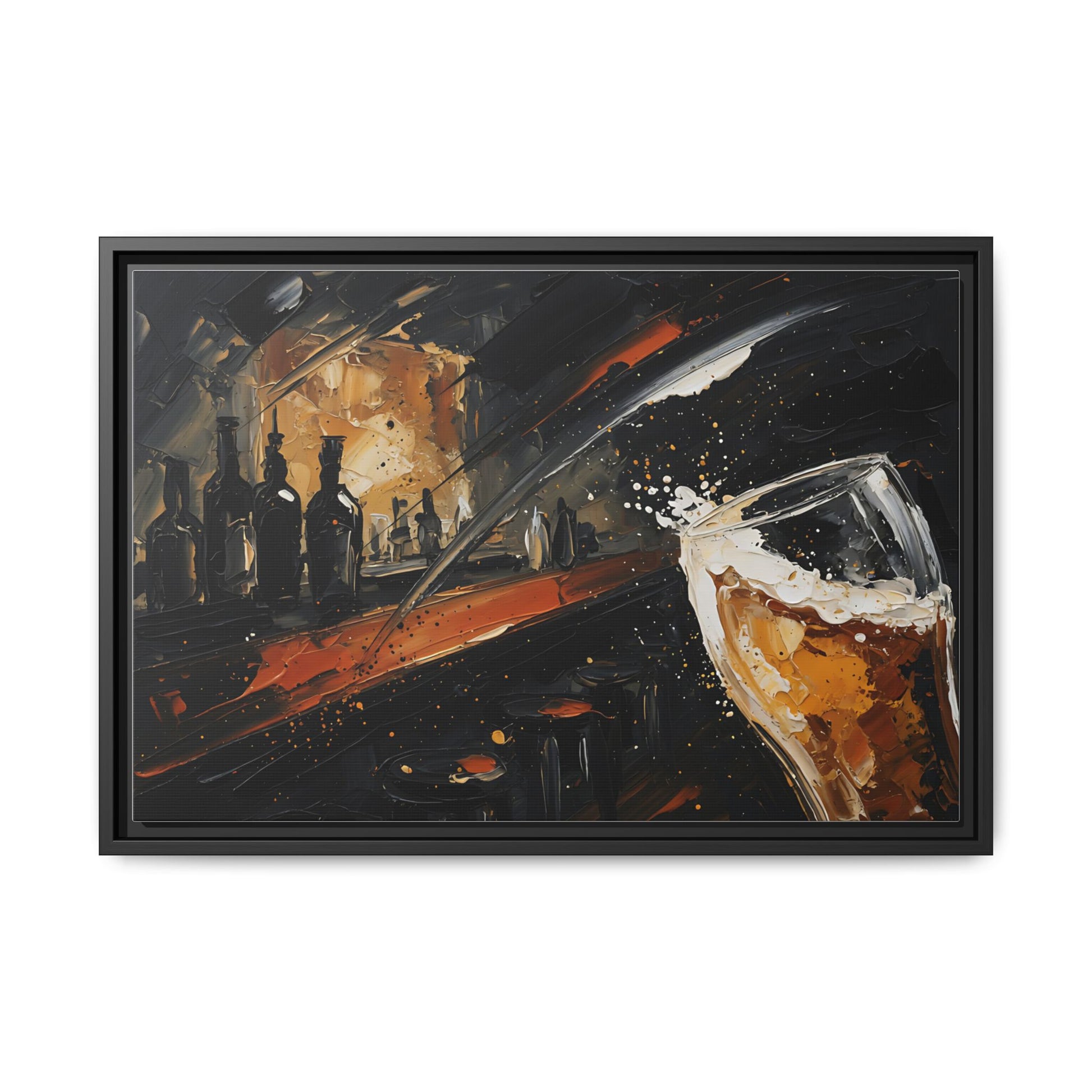 Framed matte canvas wall art with orange bar streaks, bottle silhouettes, and beer glass