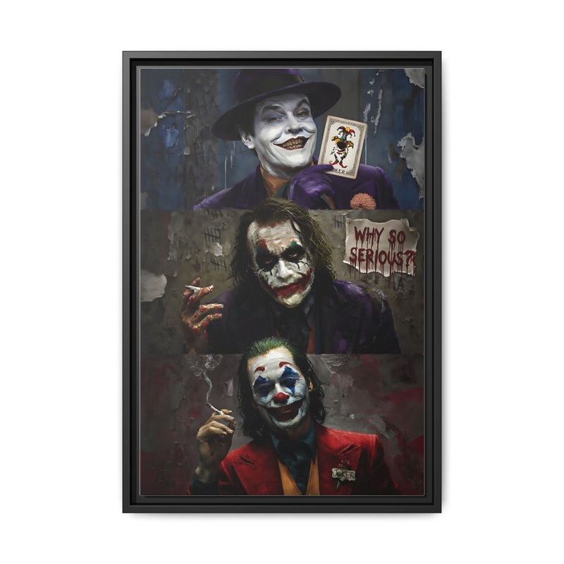 Framed matte canvas portrait print featuring three joker-themed characters, black frame