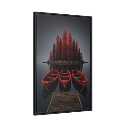 Framed lake canvas wall art showing red canoes with pine-covered island and dock