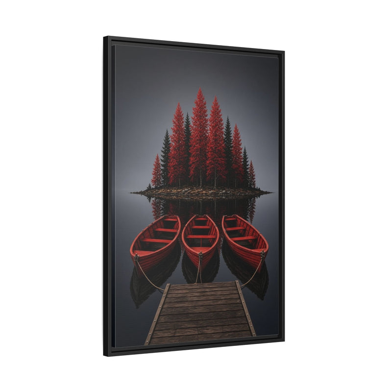 Framed lake canvas wall art showing red canoes with pine-covered island and dock