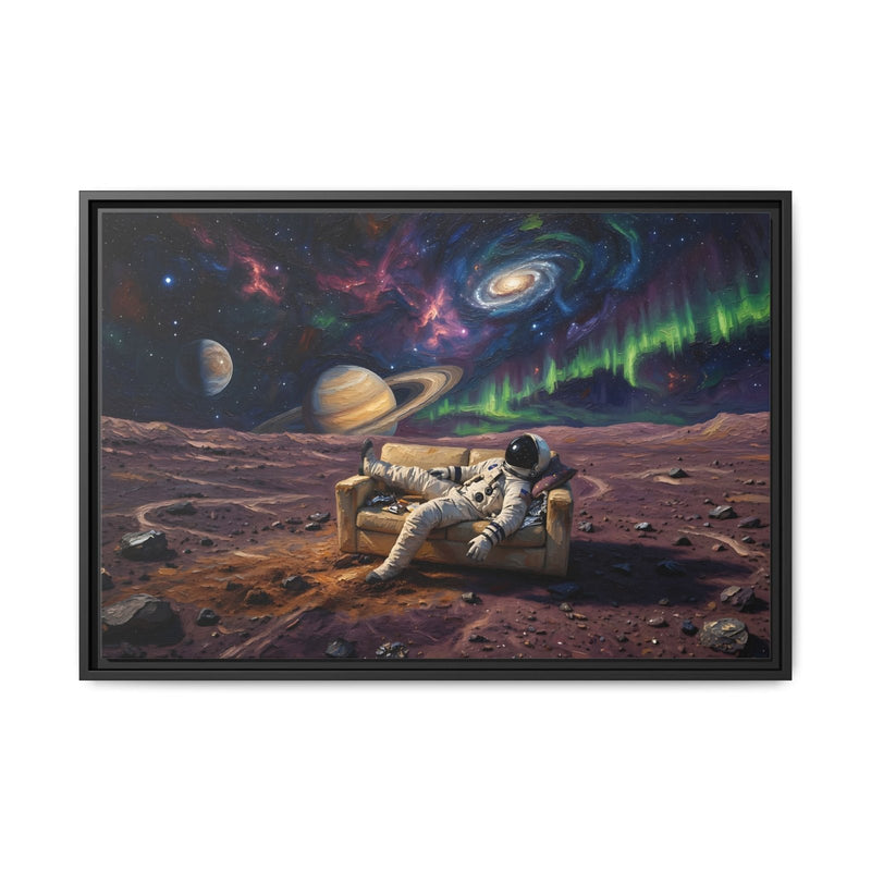 Black framed canvas: astronaut on rover in space, colorful nebula, planets