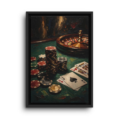 Framed casino painting with a roulette wheel above poker chips and playing cards.