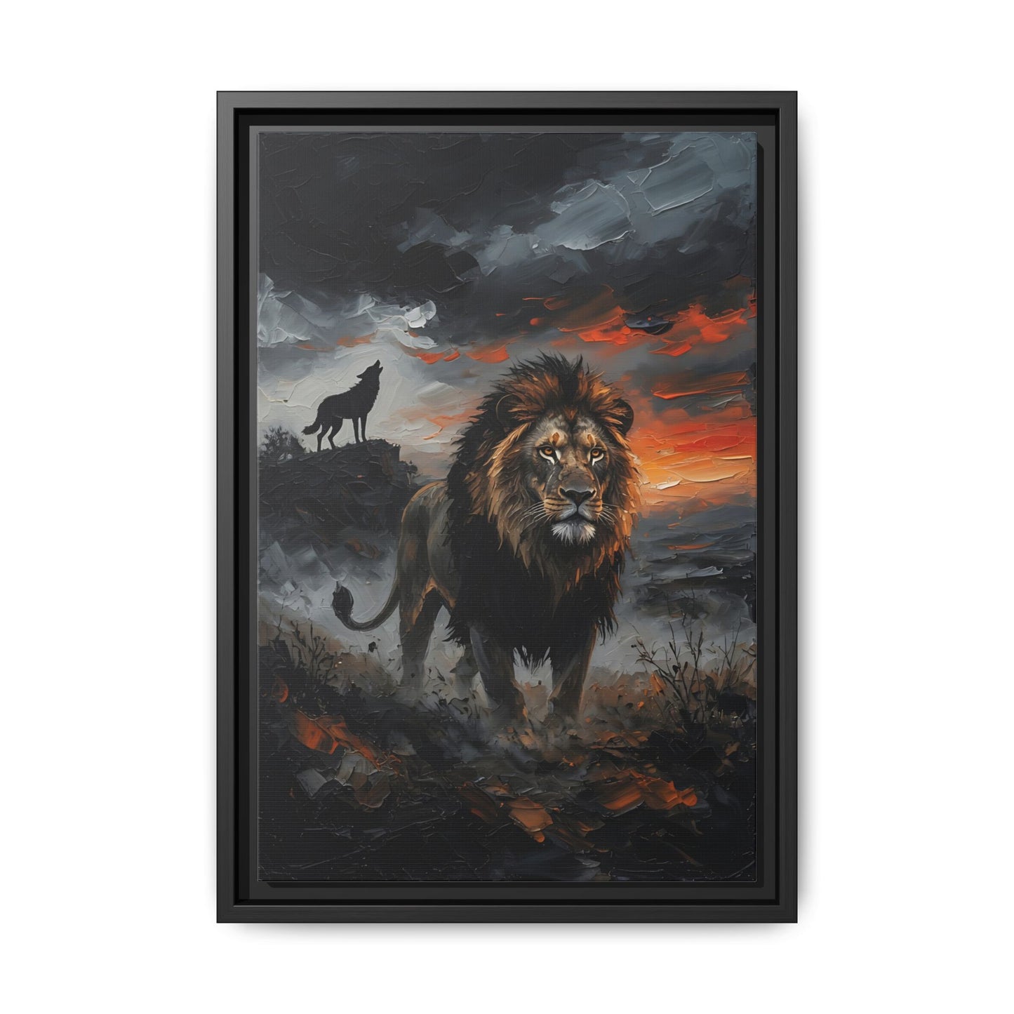 Lion and Wolf Matte Framed Canvas — Majestic Wildlife Sunset Wall Art