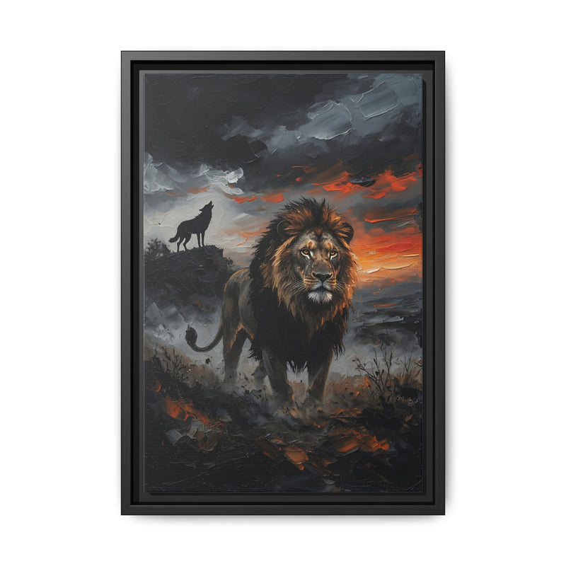 Lion and Wolf Matte Framed Canvas — Majestic Wildlife Sunset Wall Art