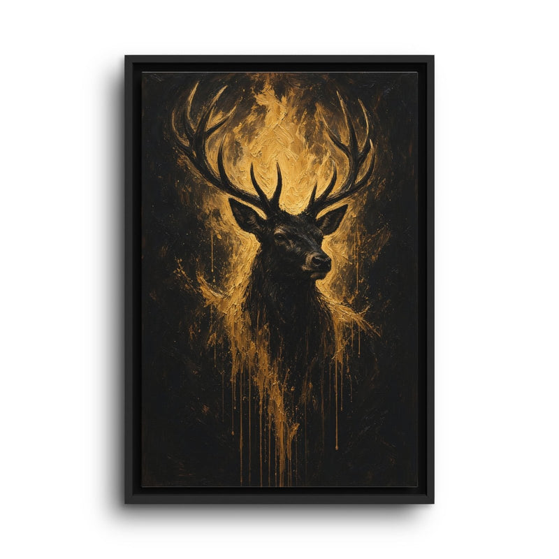 Framed deer canvas showing a gold stag with large antlers against a dark background