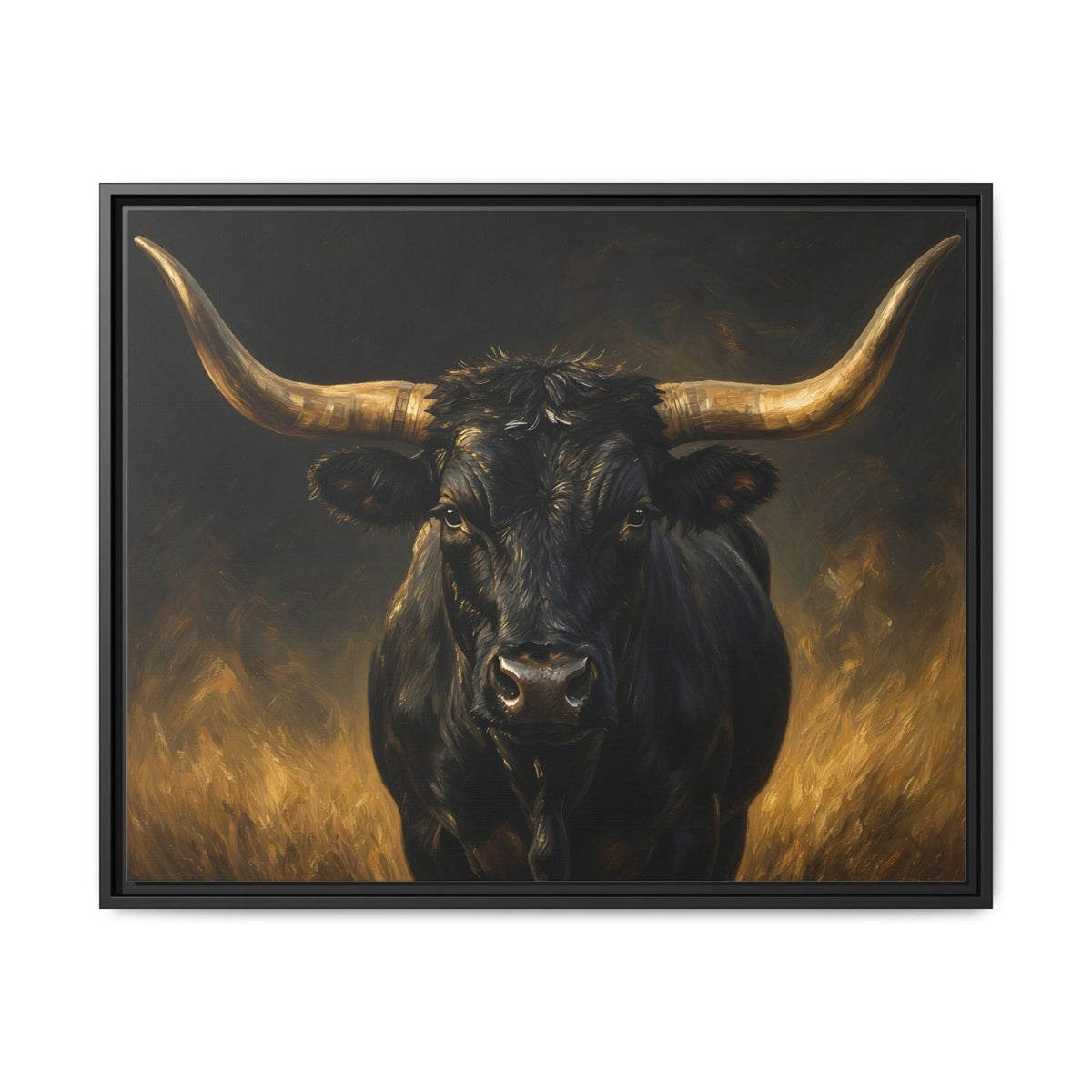 Black longhorn bull portrait canvas in black frame, raised horns, dark gold tones