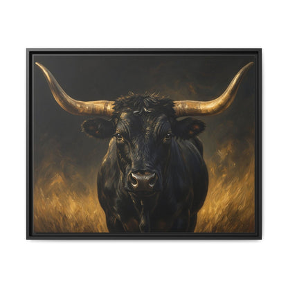 Black longhorn bull portrait canvas in black frame, raised horns, dark gold tones