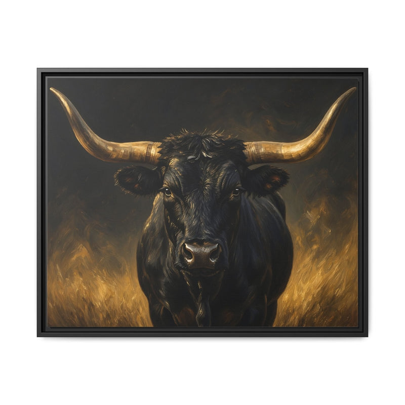 Black longhorn bull portrait canvas in black frame, raised horns, dark gold tones