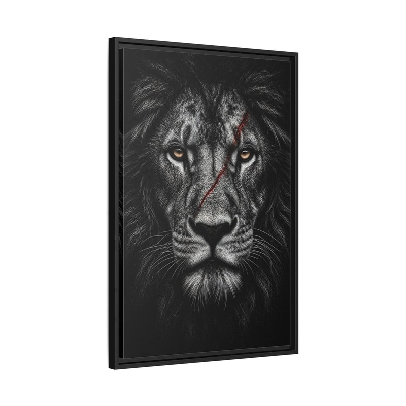 Black lion portrait canvas print with dark frame, slight side angle.