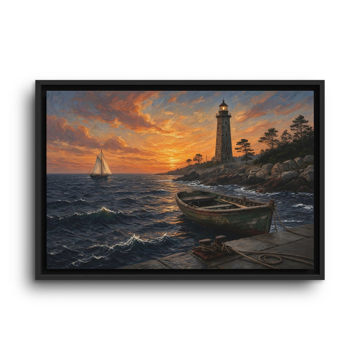 Framed canvas wall art of a rowboat by rocks with a lighthouse on the coast