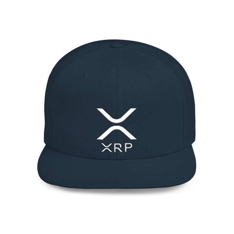 Flat bill snapback cap in dark navy with white XRP logo