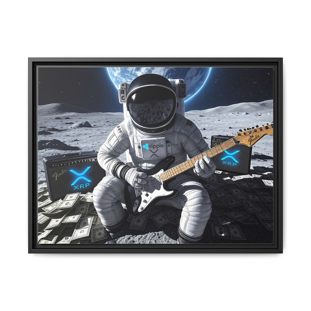 XRP To The Moon! Astronaut Playing Electric Guitar Canvas | Framed Wall Art