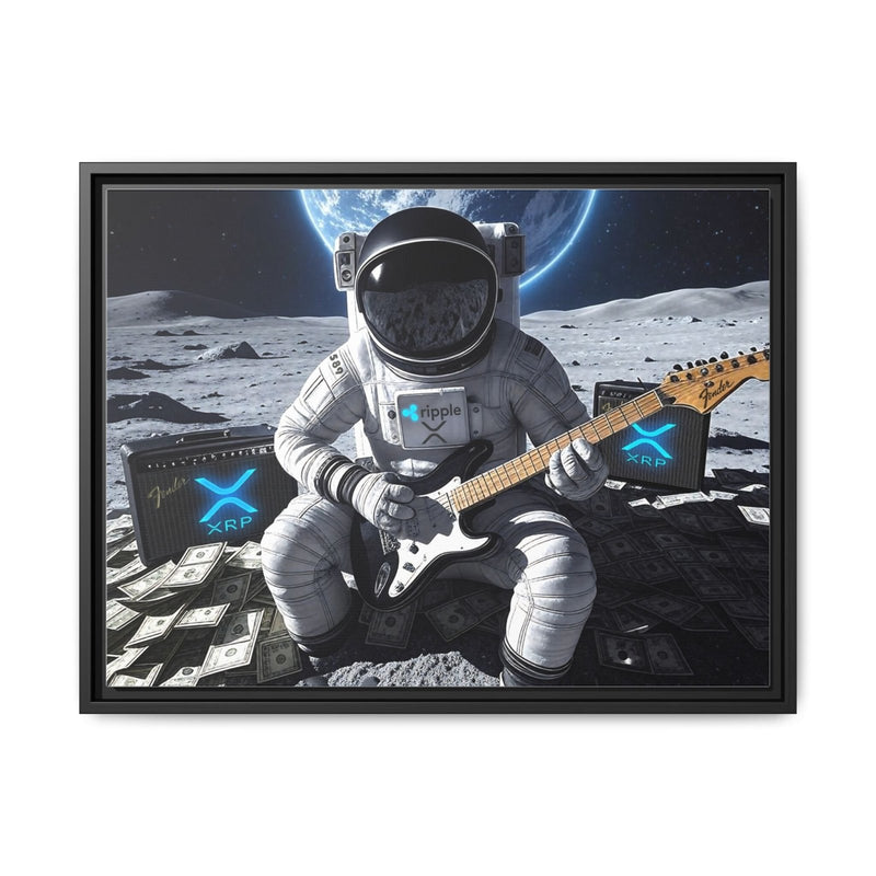 Framed wall art of astronaut in helmet playing electric guitar in space, black frame