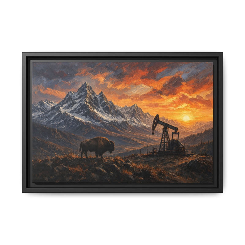 Matte canvas wall art in black frame with bison near oil pumpjack at sunset