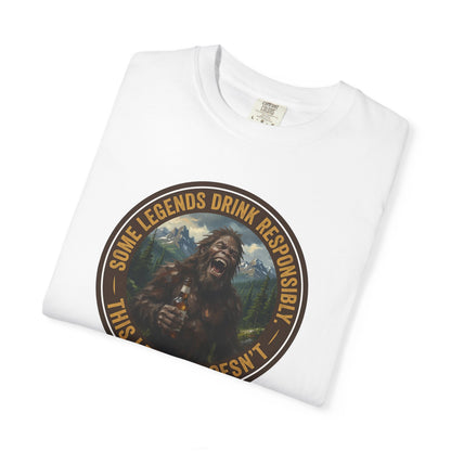 White graphic t-shirt with circular Sasquatch-themed logo on the front, angled
