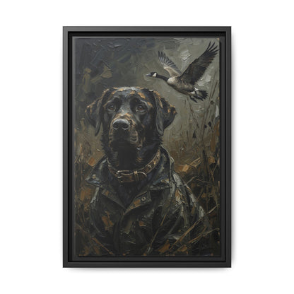 Framed Matte Canvas - Hunter's Companion - Black Labrador & Flying Goose Wildlife Art