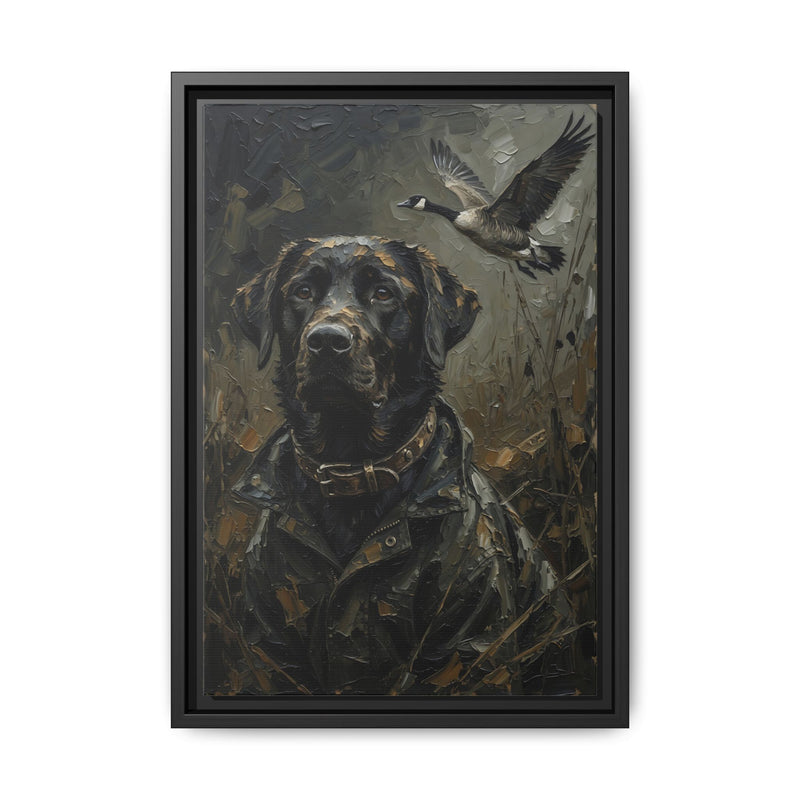 Framed Matte Canvas - Hunter's Companion - Black Labrador & Flying Goose Wildlife Art