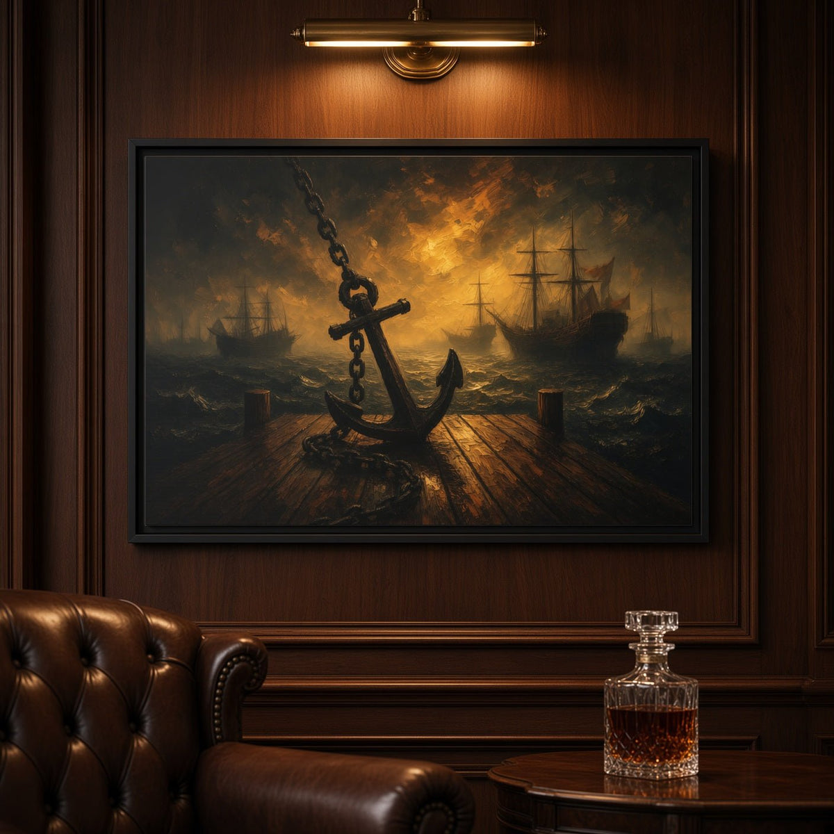 Framed canvas seascape wall art with anchor silhouette and warm light over sea.