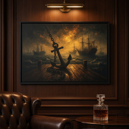 Framed canvas seascape wall art with anchor silhouette and warm light over sea.