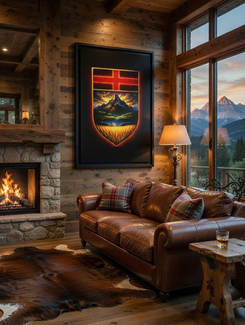 Framed canvas print with black border; crest shield showing red cross, mountain peak, and lake