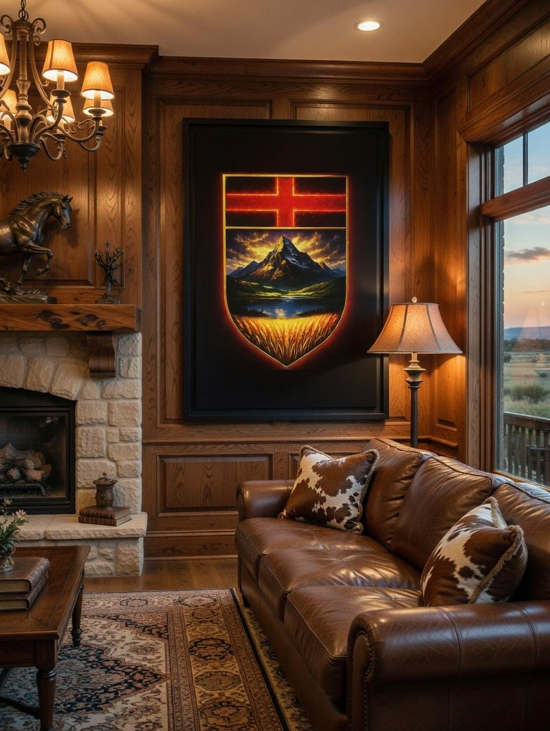 Framed canvas print with black border; crest shield art with red cross over mountains and lake