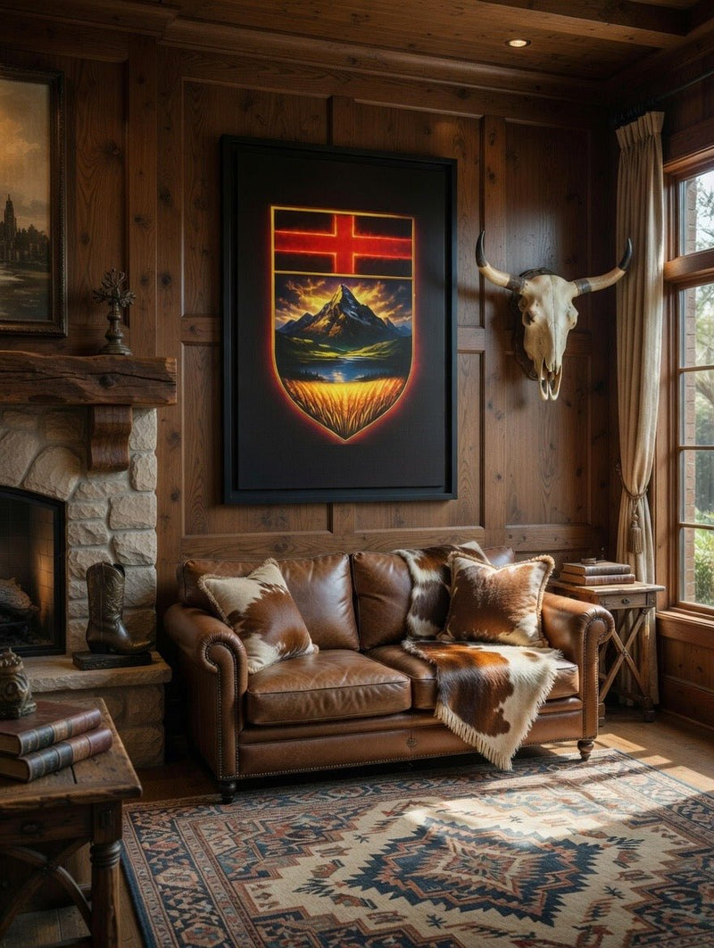 Framed canvas print with black border; crest shield showing a red cross and mountain landscape