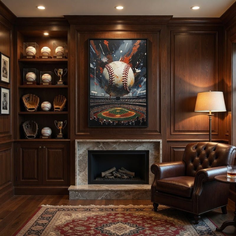 Framed matte canvas baseball wall art with black frame, ball and stadium lights