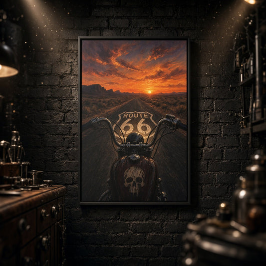 Framed canvas wall art centered on Route 66 chopper skull with sunset sky