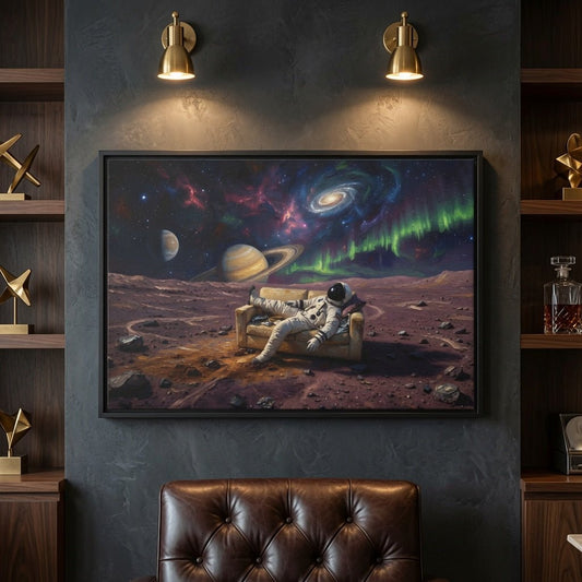 Black-framed matte canvas print with astronaut on alien ground beneath neon green space energy