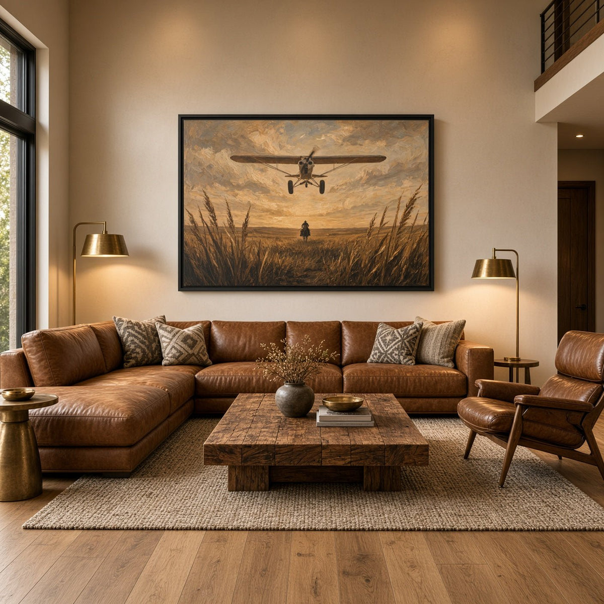 Black-framed canvas wall art showing a biplane flying over a rider in tall grass