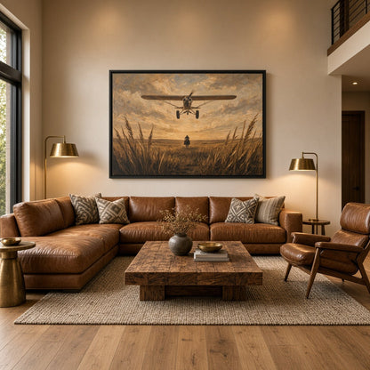 Black-framed canvas wall art showing a biplane flying over a rider in tall grass