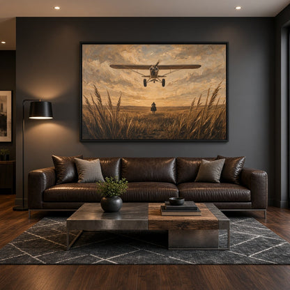 Black-framed horizontal canvas wall art with biplane above rider in tall grass