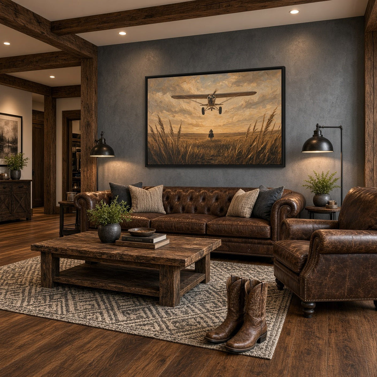 Black-framed canvas wall art with a biplane flying above a lone rider amid tall grass