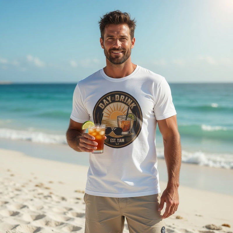 White crew-neck t-shirt with circular “DAY DRINK” graphic and “EST. 11AM”