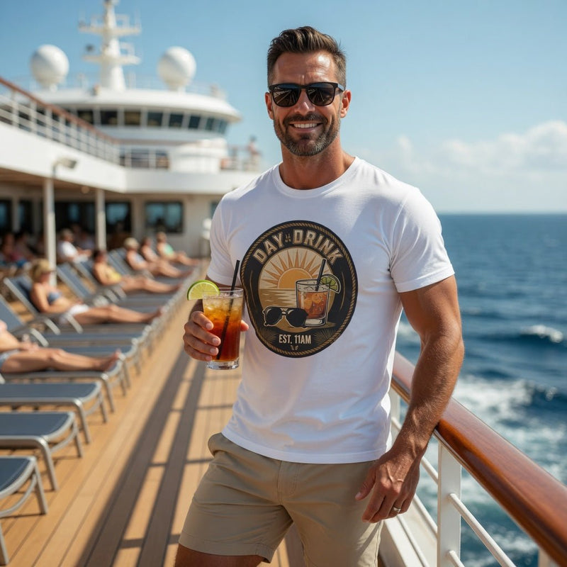 White crew-neck t-shirt with circular “DAY DRINK” graphic and “EST. 11AM”