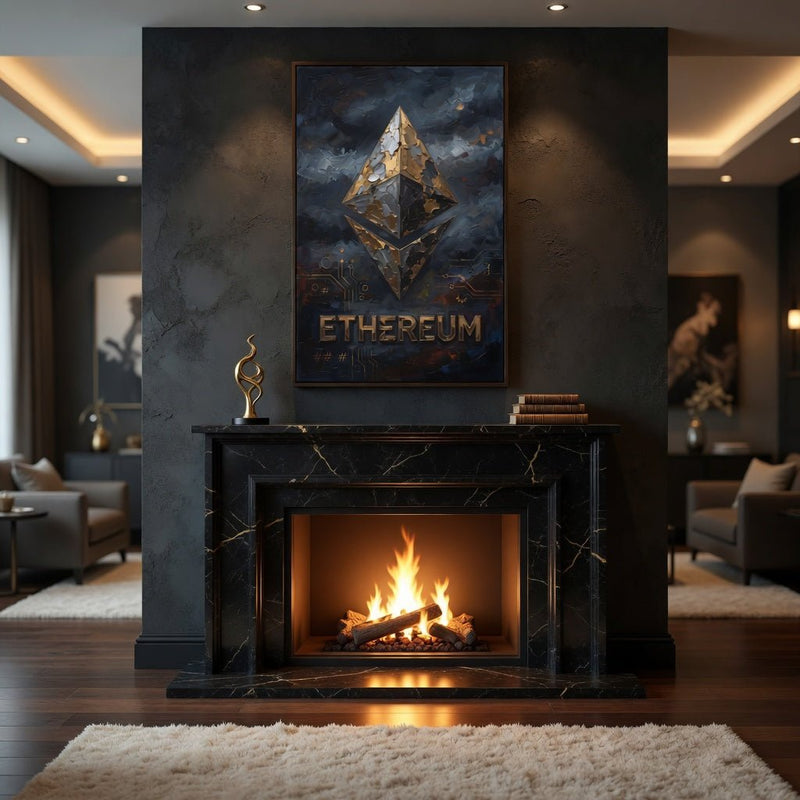 Framed Ethereum logo wall art featuring gold diamond symbol and ETHEREUM wordmark
