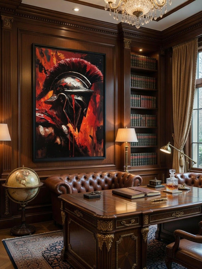 Framed canvas wall art with Spartan warrior helmet graphic, black frame and bold red splatter